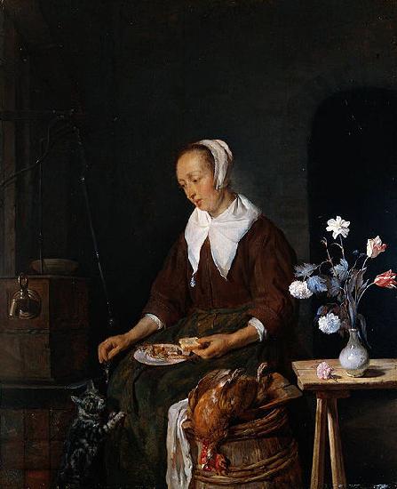 Gabriel Metsu Woman feeding a cat oil painting image